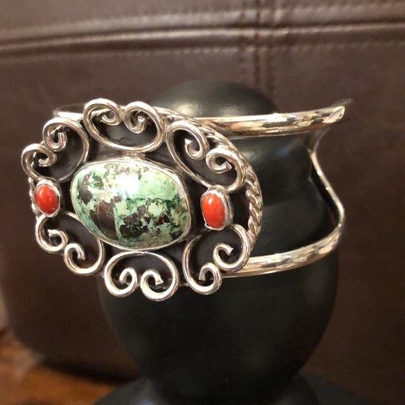 VINTAGE Sterling Silver Turquoise Coral Cuff Bangle Bracelet - Picture 3 of 11